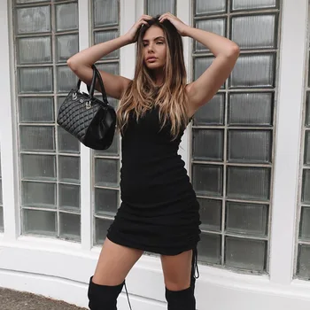 

summer dress Solid Casual Vacation Slim dresses for women knitting O-Neck Sleeveless Fashion Skinny Lady Mini Wrap Dress vestido