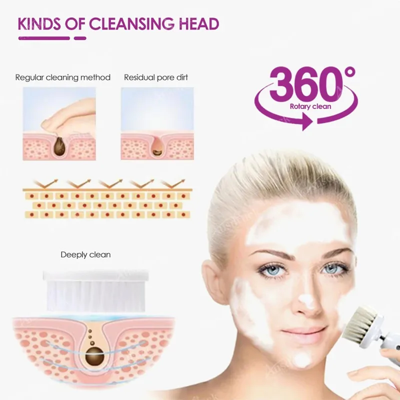 5 in 1 Electric Rotary Washing Cleansing Face Brushes Massage Body Facial Dead Skin Cuticle Cleanser Home Beauty Spa Care Device 6