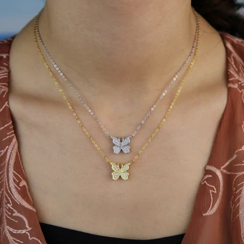 

Micro Cute 100% 925 Sterling Silver Butterfly Necklace Pendant Paved Small Precious Cubic Zircon Women Party Wedding Necklaces