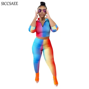 

Gradient Color Rainbow Striped Printed Two Piece Set Turtleneck Crop Top And Pants Bodycon Bodysuit Sexy Casual Bandage Outfits