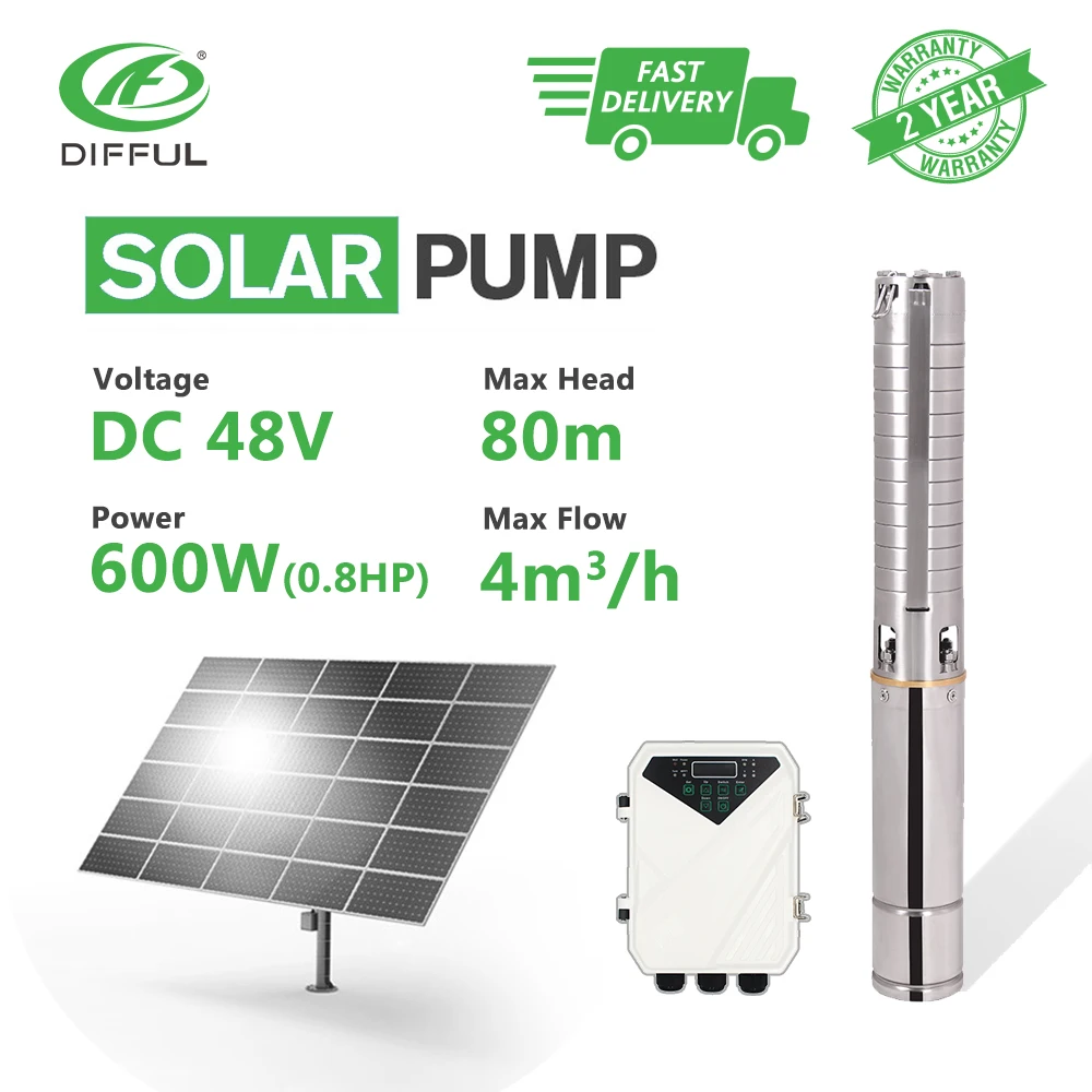 

3" DC Deep Well Solar Water Pump 48V 600W Borehole MPPT Controller Stainless Steel Impeller Sun Power Farm Irrigation