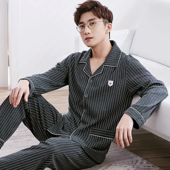 

Winter 100% Cotton Pajamas For Men Lounge Striped Sleepwear 2020 Male Homewear Plus Size Pijamas Cotton PJs Pyjama Heren