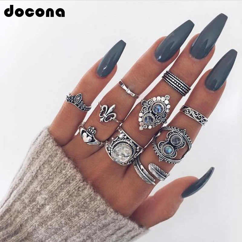 

Docona Boho Silver Crystal Knuckle Ring for Women Geometric Flower Carving Finger Midi Rings Set Anel Anillos Jewelry 6541
