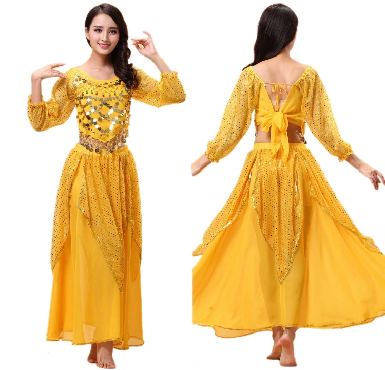Plus Size Belly Dance Costume Set Indian Egypt Bollywood Dancing Dress Bellydance Stage Performance Clothing Practice Dancewear - Цвет: Yellow
