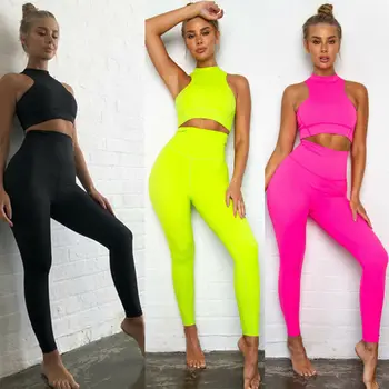 

2Pcs Women's Casual Solid Sport Gym Jogging O-Neck Short Vest Bra Sports Legging Pants Ladies Outfit Wear Set 2019 arrival
