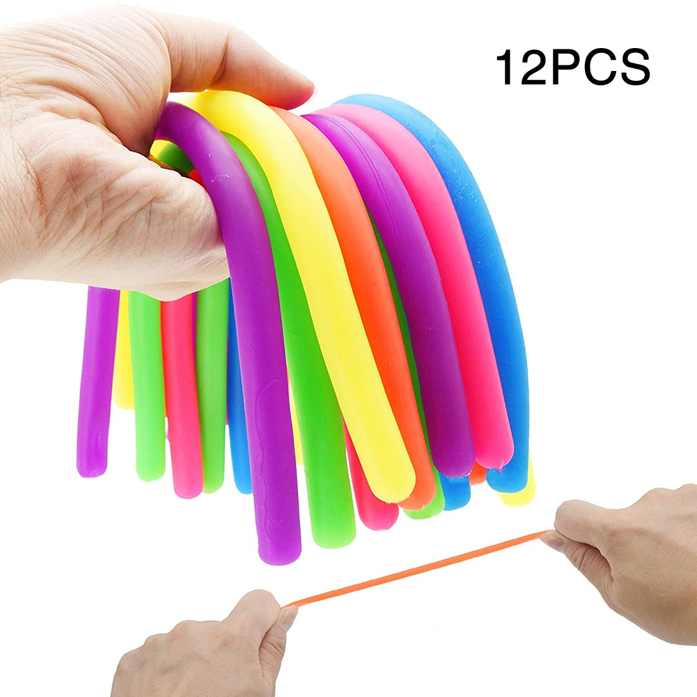 

12pcs Sensory Relieve Squeeze Anti Stress Kids Toy Fidget Stretchy String TPR Colorful Adults Elastic Decompression Noodle
