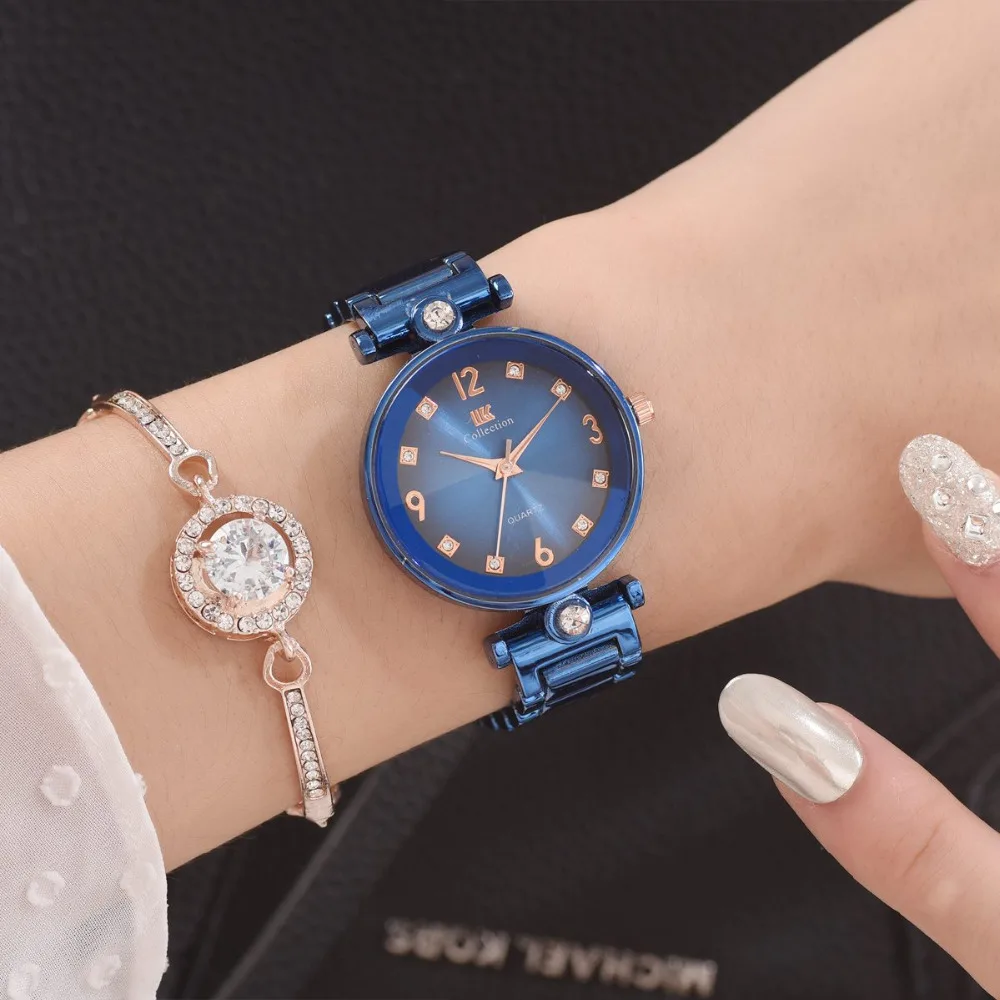 Роскошные женские часы, подарочный набор, модный браслет, наручные часы с ювелирным браслетом, набор, стразы, нержавеющая сталь, градиентный циферблат, часы