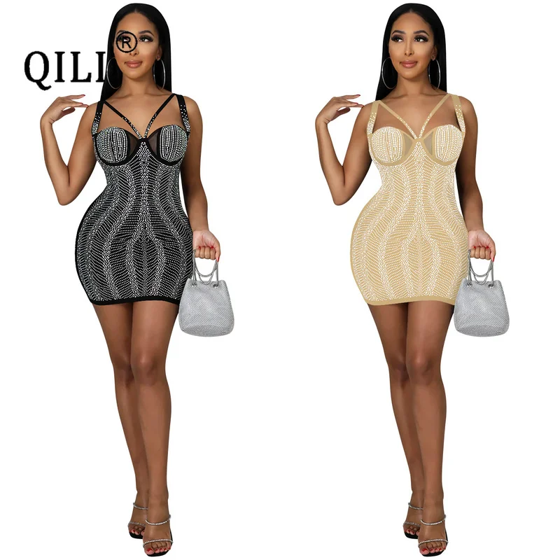 

QILI-Women's Diamond See-through Nightclub Dress, Spaghetti Strap, Backless Club Dress, Hot Rhinestone