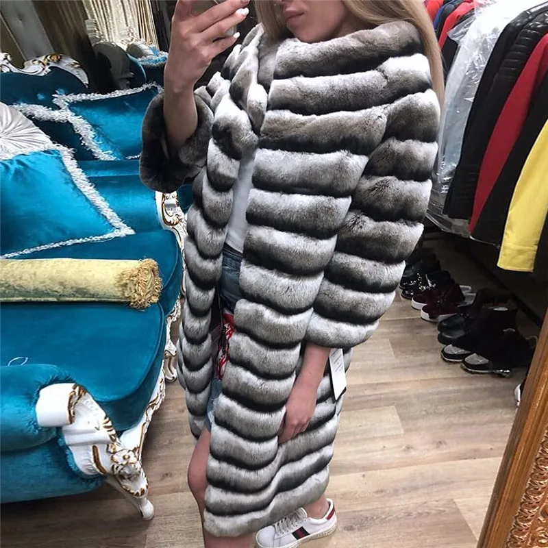 Модная женская длинная настоящая Шиншилла Шуба из кролика Рекс с воротником натуральная куртка с мехом кролика рекс русские зимние пальто