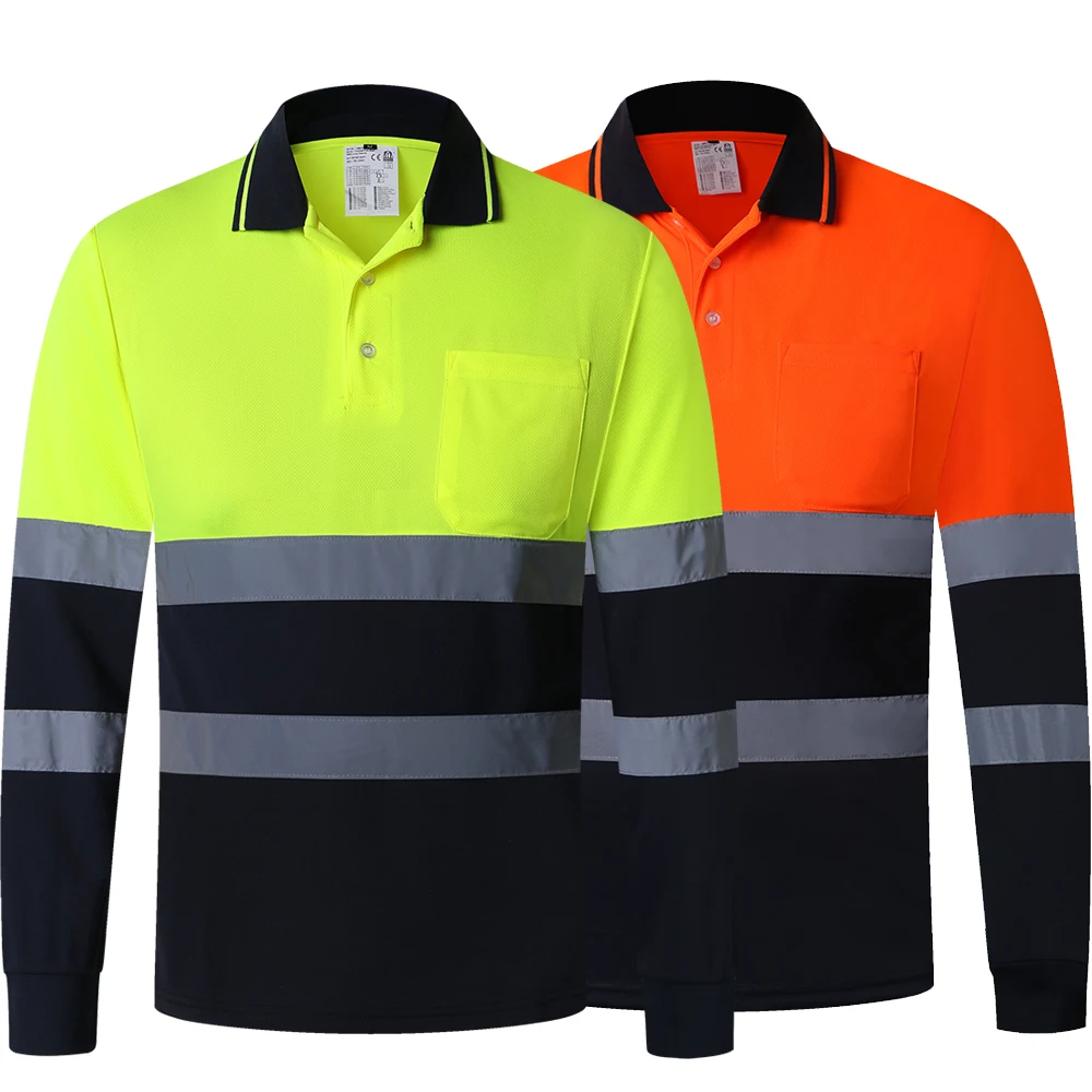 

Two Tone Long Sleeve Safety Polo Shirt Orange High Visibility Reflective Shirt With Pockets Hi vis work shirt