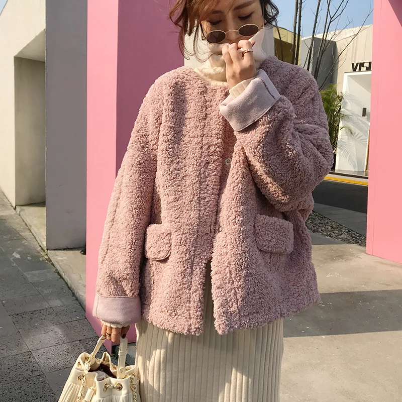 

2021 Autumn Winter Warm Thicke Cotton Coat New Long Sleeve Round Neck Lambskin Jacket Coat Korean Fashion Parkas Woolen Coat