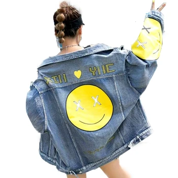 

QING MO Women Smile Face Pattern Denim Coat Women Turn-down Collar Single Breasted Coat Casual Style Jacket 2019 Autumn ZQY1408