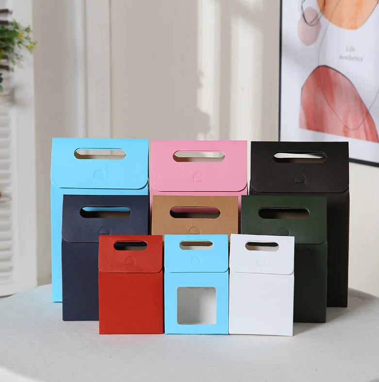 10pcs Red Blue Large Open Window Cowhide Carton Bag Kraft Handle Flap Seal Gift Box Portable Food Gift Small Color Packing Box