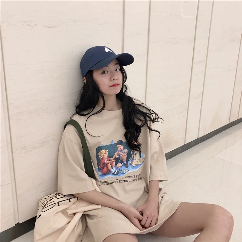 Летняя Винтажная футболка с надписью ulzzang, большой размер, Свободный Топ с короткими рукавами, Harajuku, Забавный принт с героями мультфильмов, повседневная женская футболка с круглым вырезом