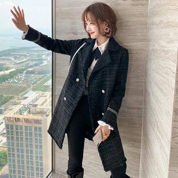 

Furry frayed snowflake tweed lapel double-breasted mid-length windbreaker jacket women's 2020 autumn and winter new