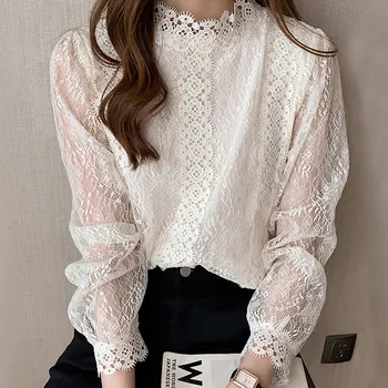 

Plain Lace Office Lady Shirts Korean Janpan 2020 Spring Summer Nine Points Sleeve Stand Collar Female Work Blouse Shirts Tops