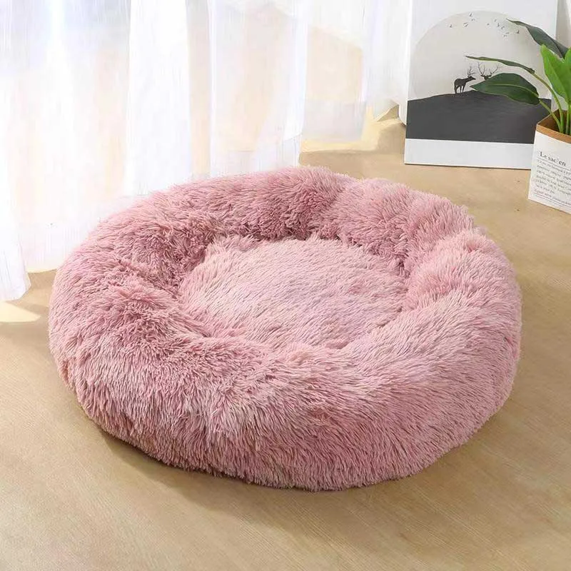 Round Long Plush Cat Rest Bed Sleeping Nest House Winter Warm Cattery Puppy Sleeping Beds Cushion Soft Mattress - Цвет: pink
