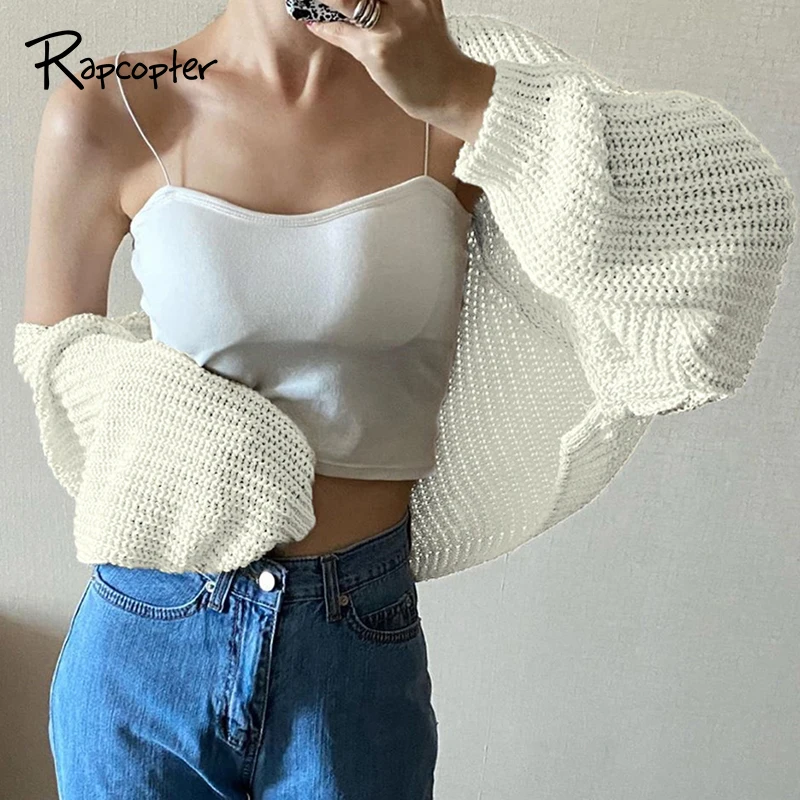 Rapcopter-suéter sólido Y2K para mujer, Tops de punto, prendas de vestir, manga abombada, prendas de punto recortadas, ropa de gran tamaño, suéteres de los años 90, novedad de otoño
