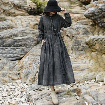 

NINI WONDERLAND Women's Dress 2020 Spring Solid Corduroy Skirt Dress Female Do Old Vintage Midi Dresses Elegant Clothes Big Size