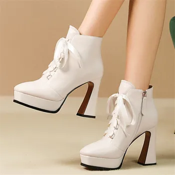 

PXELENA Luxury Celebrity Women Genuine Leather Ankle Boots Elegant Winter Shoes Strange High Heels Party Dress Office Date Boots