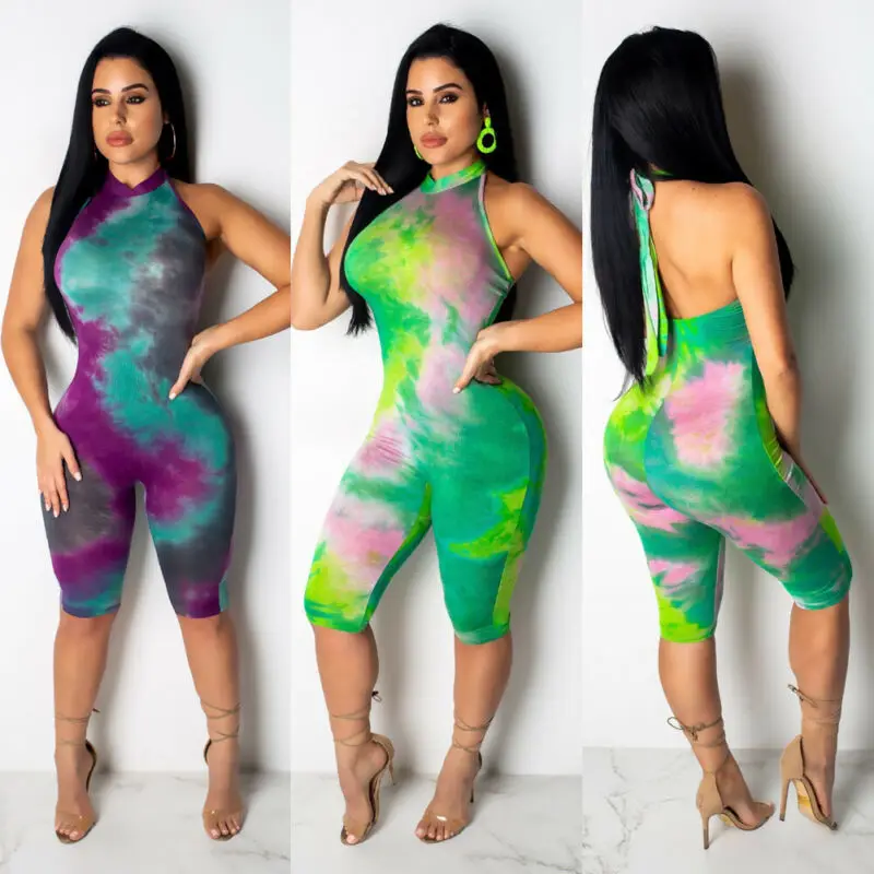 

Tie Dye Bodycon Jumpsuit Women Summer Sleeveless Halter Short Romper Ladies Sexy Clubwear Slim Fitness Playsuit Female Clothes