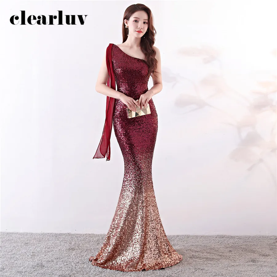 Градиентное торжественное платье с лентами на одно плечо, вечернее платье, DX357-2, с блестками, платье русалки, элегантное, размера плюс, длинное вечернее платье