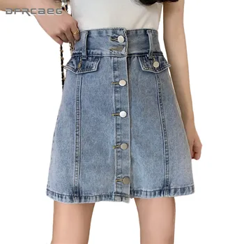 

Single-Breasted Summer Denim A-Line Skirts Womens High Waist Streetwear Vintage Ladies Mini Pencil Skirt Short