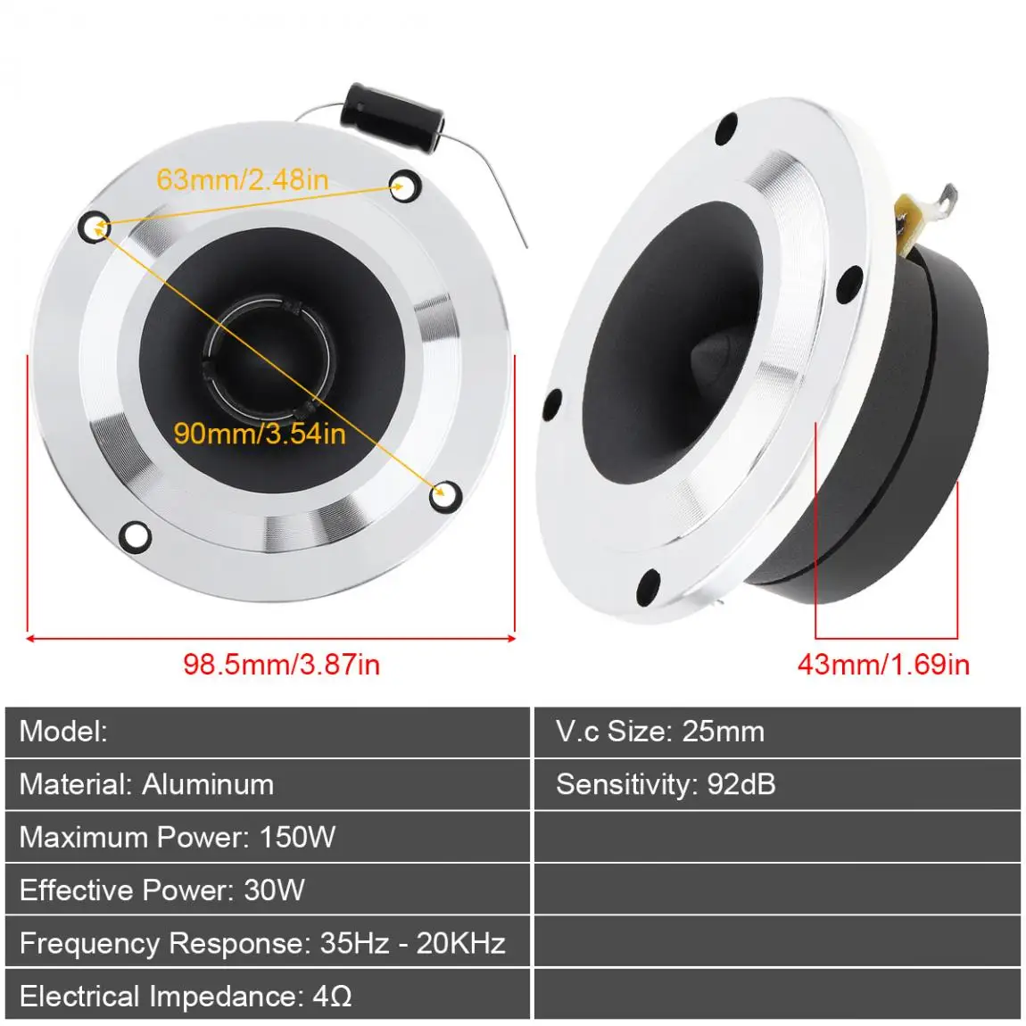 2pcs 4 Inch 150W 4OHM Aluminum Tweeter Speaker with Capacitor for Vehicle Auto Cars Stereo Modified