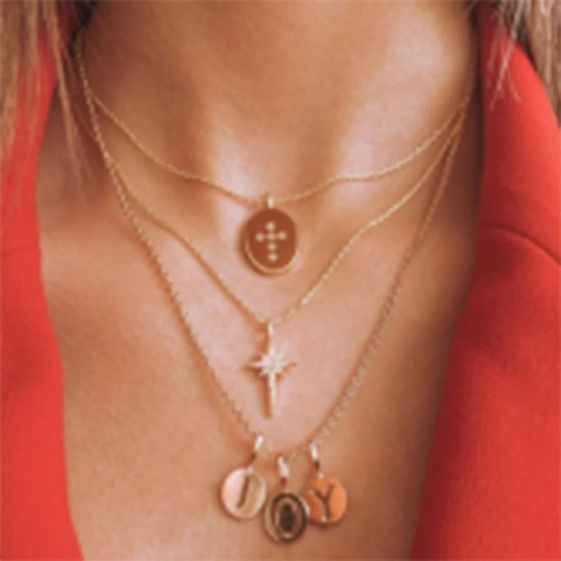 

Trendy Gold Multi-layer Chain Hollow Letters Pendant Necklace For Women Rhinestone Cross Dangle Necklace Statement Jewelry N7046