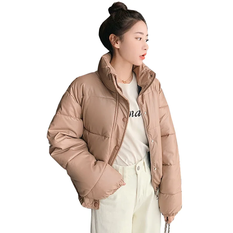 

2023 Women Winter Top Elegant Stand Collar Slim Leather Jacket Thick Warm Down Cotton Clothing Female Fashion Loose Coat OK1104
