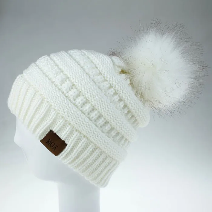 white Woman Winter Warm Knitted Hat with Faux Fur Pom Pom Ball Skully Beanie hats Soft Thick Female casual ski caps - Цвет: white