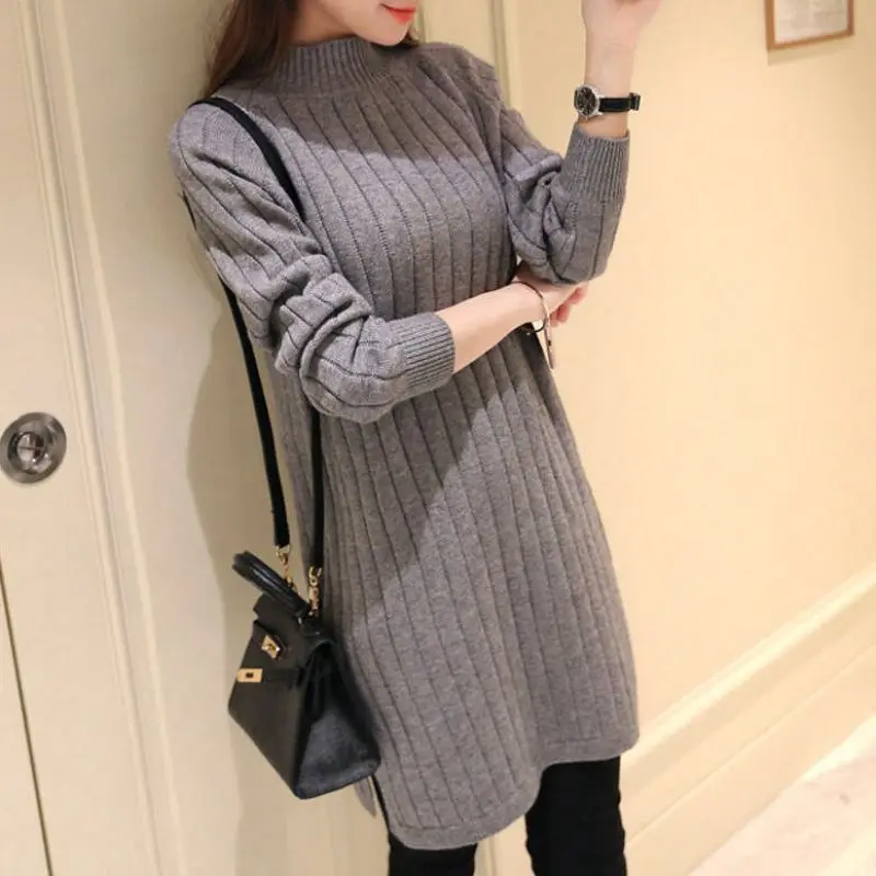 

Half Turtleneck Solid Knitted Tops Split Pullovers Long Sleeve Sweater Women Sweaters Fashion Long Thick Sweaters