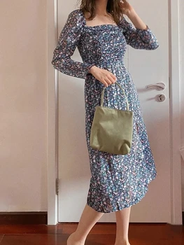 

Summer 2020 new Square Collar Midi Dress for Women floral Slim waist split Pleated Holiday Long sleeve Party Dresses Clothes
