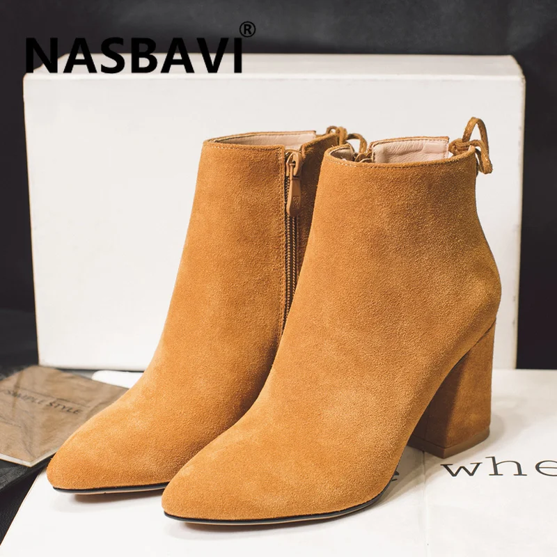 

NASBAVI 2019 Women Boots Flock Ankle Boots Pointed Toe Winter Shoes Square Heels Ladies Suede Autumn Winter nakle Boots