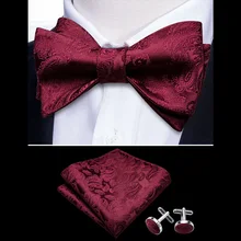 Men's Butterfly Tie Wine Self Bow Ties For Men Silk  Red Paisley Hanky Cufflinks Suit Collar Removable Necktie Barry.WangLH-1014