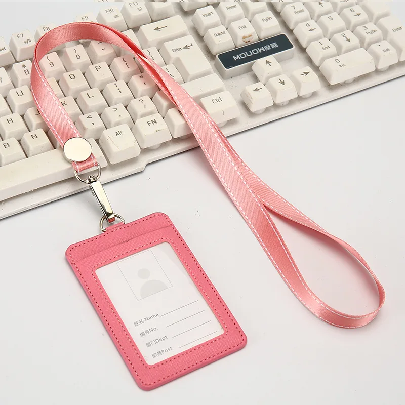 Pink With lanyard Новинка, держатель для кредитных карт из искусственной кожи, держатель для карт, студенческий мультяшный автобус, держатель для карт, кожаный чехол с ремешком, значок для имени работника - Цвет: Pink With lanyard