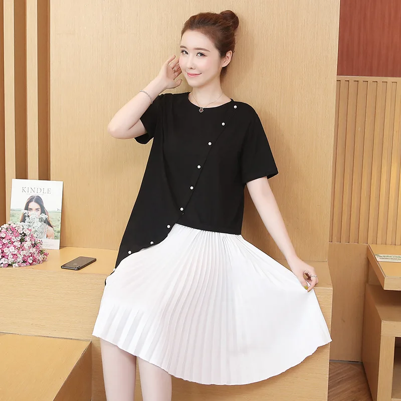 

Photo Shoot 2019 Summer New Style Fat Mm Large Size Slimming Cover Belly Joint Mock Two-Piece Dress