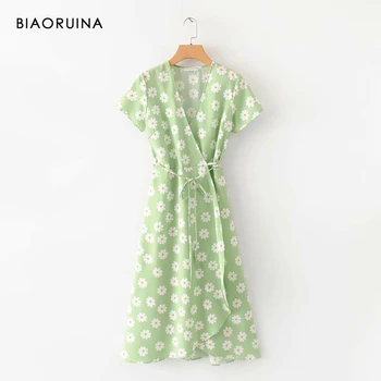 

BIAORUINA Women's Floral Printed Fashion All-match V-neck High Waist Sashes Slim A-line Dress Short Sleeve Summer Casual Dress