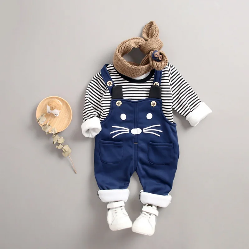 2Pcs/set Baby Girls Boys Long Sleeve Striped Print Autumn Thicken Blouse Tops Cartoon Suspenders Pants Casual Outfits Set