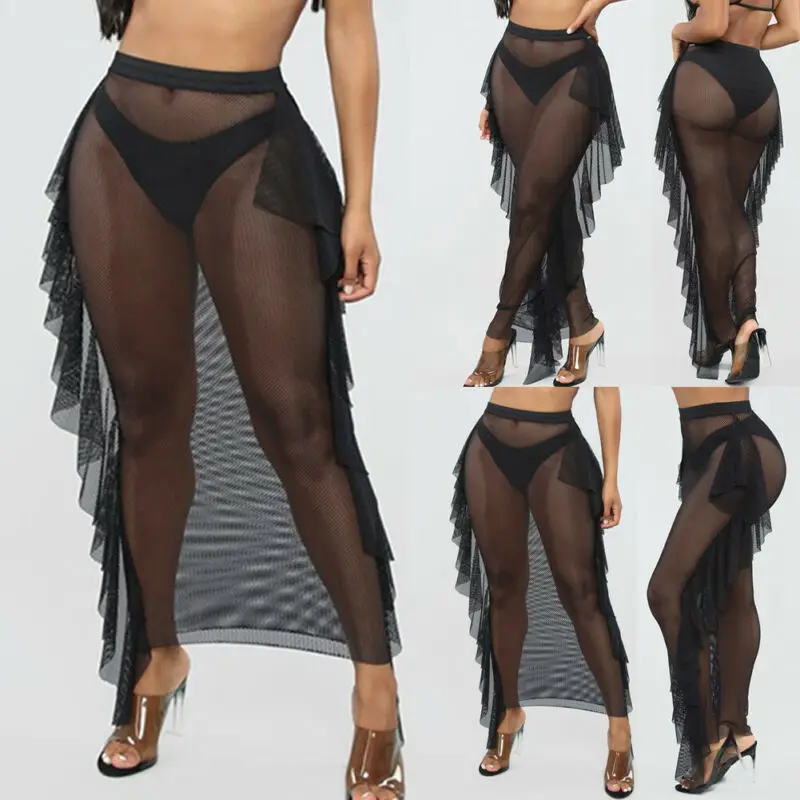 Skirts Womens Sexy See-Through Skirt Fishnet Side Ruffles Long Skirt Hollow High Waist Skirts Mesh Sheer Sarong Bikini Cover up