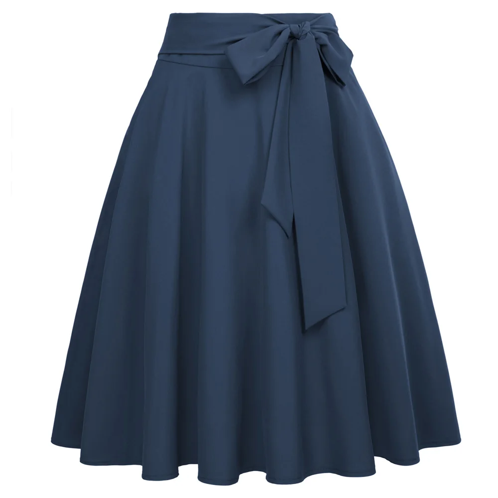 Oxford Blue Grace Karin Женская юбка трапециевидной формы с завышенной талией и карманом, винтажная Расклешенная юбка средней длины с бантиком, однотонная Расклешенная юбка - Цвет: Oxford Blue