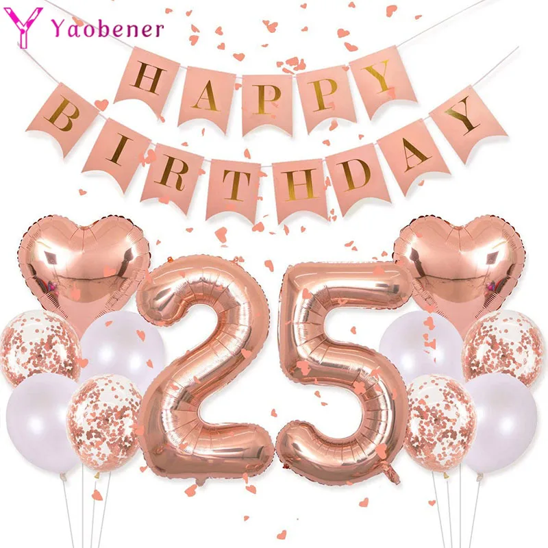 

25 Year Happy Birthday Balloons Rose Gold Number Foil Ballons Adult Party Decorations Boy Girl Princess 25th Anniversary Supplie