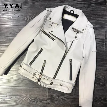 

Spring White Luxury Sheepskin Real Leather Jacket Women Slim Fit Jaqueta De Couro Buckle Motor Biker Lady Windbreaker Coat