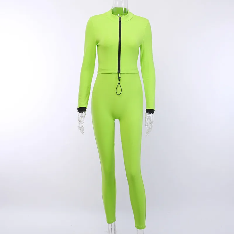 Hugcitar,, на молнии, с длинными рукавами, укороченные топы, штаны, комплект из 2 предметов, Осень-зима, Женский Уличная одежда, спортивный костюм - Цвет: Зеленый
