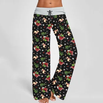 

2020 Christmas Elk Santa Claus Print Pant Women Autumn Loose Flower Pattern Bandage Wide Leg Pant Female Plus Size Long Trousers
