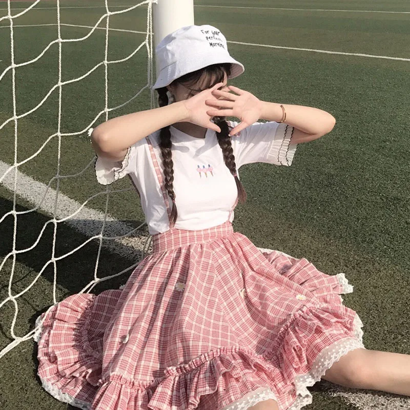 2020 New Japanese Summer Women Plaid High Waist Skirt With Strap Dress Cute Sweet Kawaii 2 Pcs Dress O Collar Plaid Daisy Dress