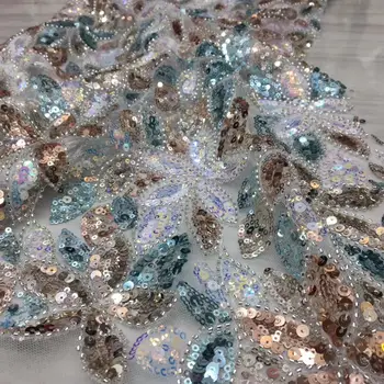 

(5yards/pc) high quality French lace luxury sequins and tinny beads embroidered African net lace fabric for party dress FSS215