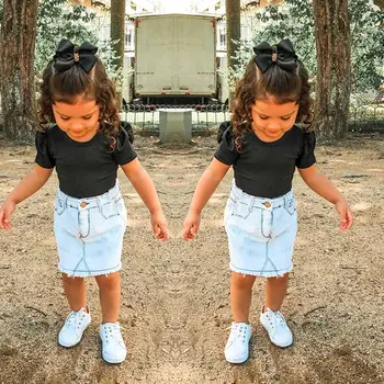 

2020 Baby Clothes 2pcs set newborn baby girl clothes solid shirt tops denim skirt summer beach streetwear 1-5 years