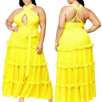 

Holiday Style Large Size Pure Color Lace-up Dress with Belt Is Thinner and Layered Ruffle Dress Female Summer New Product