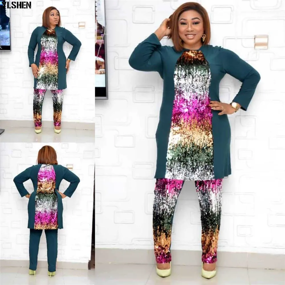 2 Piece Set African Clothes Super Size Dashiki Tops + Pants Suits African Dresses for Women Bazin Riche Africa Clothing for Lady 003